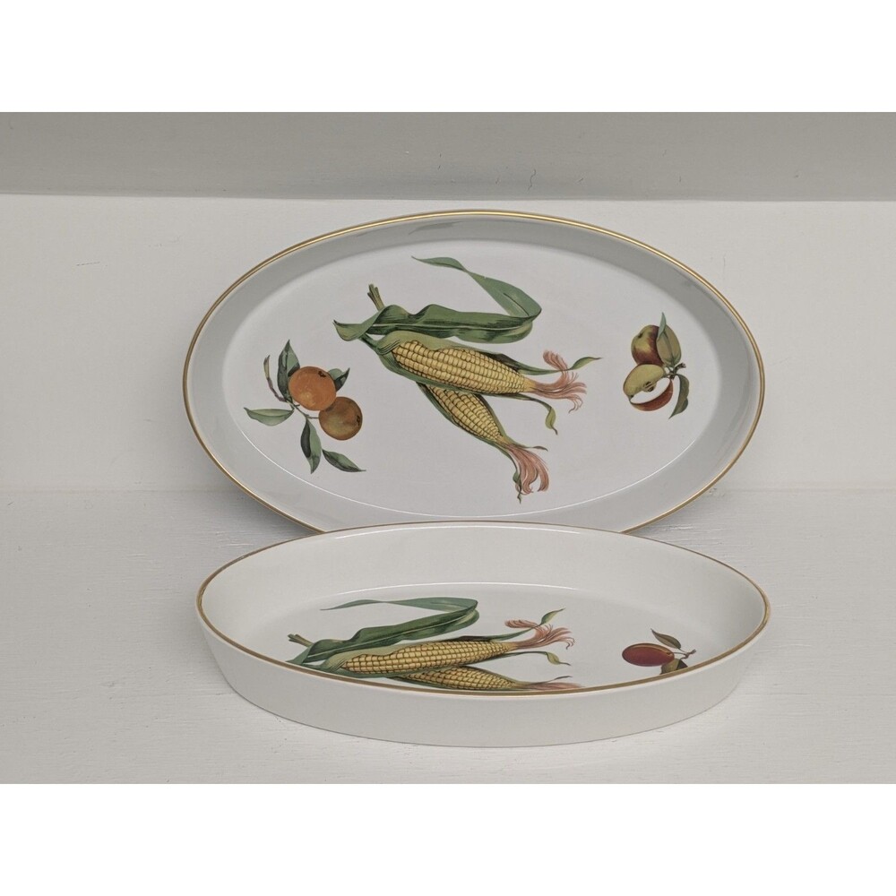 Lot 2 Royal Worcester Serving Platter Baking Dish Evesham Gold Oval Shape Corn